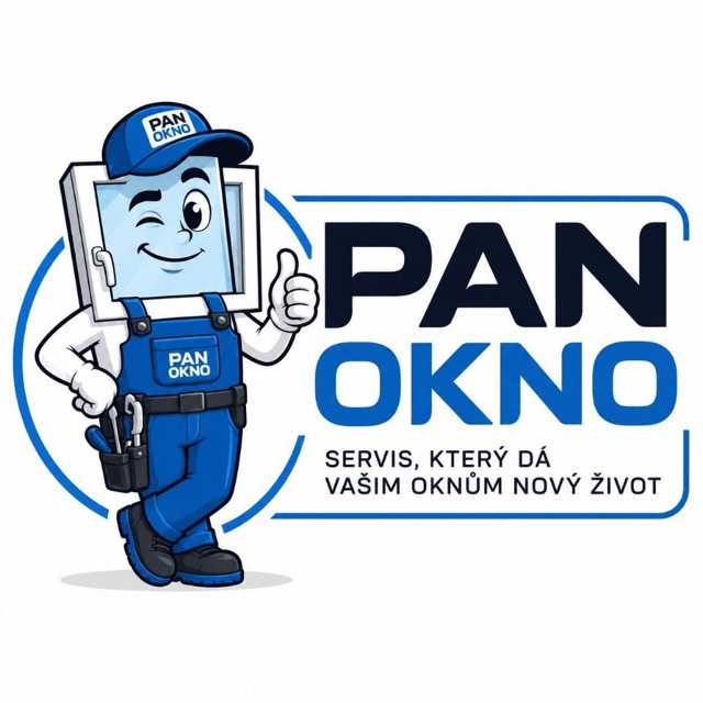 PAN OKNO — servis, který dá vašim oknům nový život. Maskot: usměvavé okno v montérkách s palcem nahoru.
